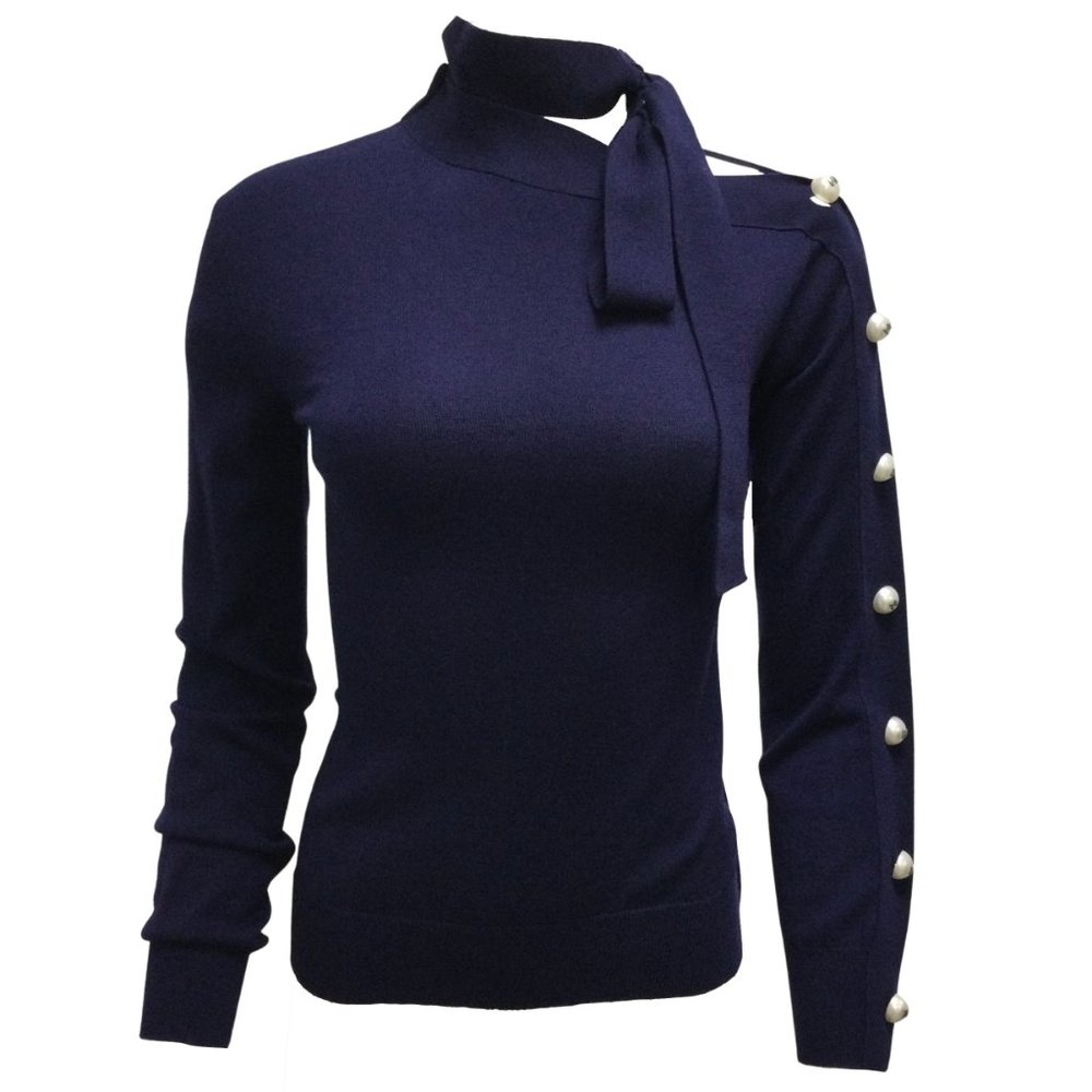 Monse Pearl Button Embellished Long Sleeved Neck Tie Knit Navy Blue Sweater - Picture 2 of 6